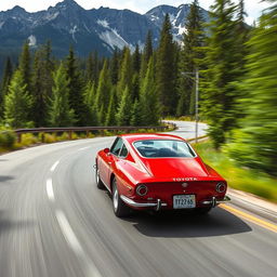 A 1967 Toyota 2000GT speeding around a sweeping curve in North Cascades National Park