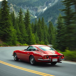 A 1967 Toyota 2000GT speeding around a sweeping curve in North Cascades National Park