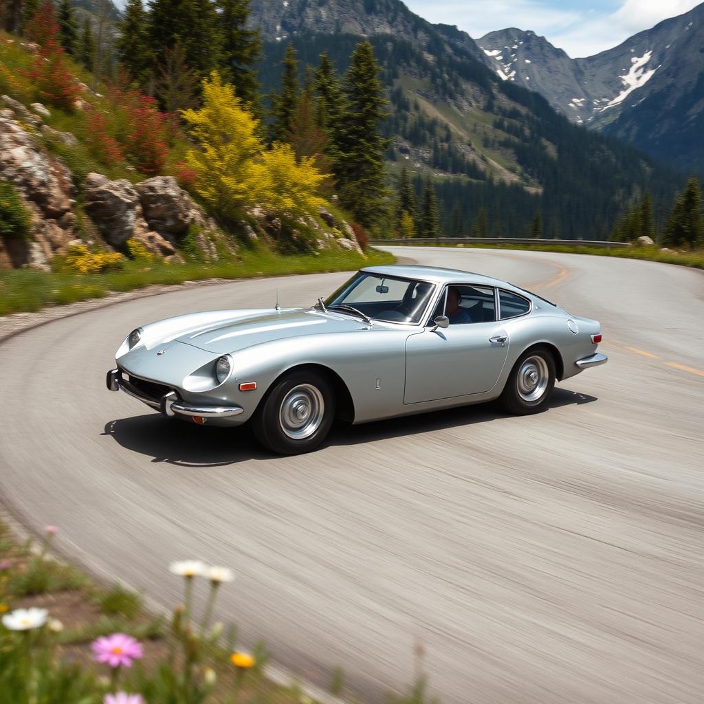 A silver 1967 Toyota 2000GT speeding around a sweeping curve in North Cascades National Park during spring