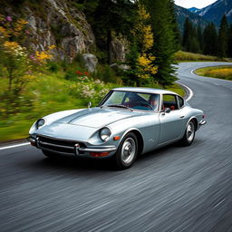 A silver 1967 Toyota 2000GT speeding around a sweeping curve in North Cascades National Park during spring