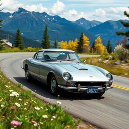 A silver 1967 Toyota 2000GT speeding around a sweeping curve in North Cascades National Park during spring