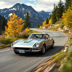 A silver 1967 Toyota 2000GT speeding around a sweeping curve in North Cascades National Park during spring