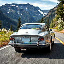 A rear view of a silver 1967 Toyota 2000GT speeding around a sweeping curve in North Cascades National Park during spring