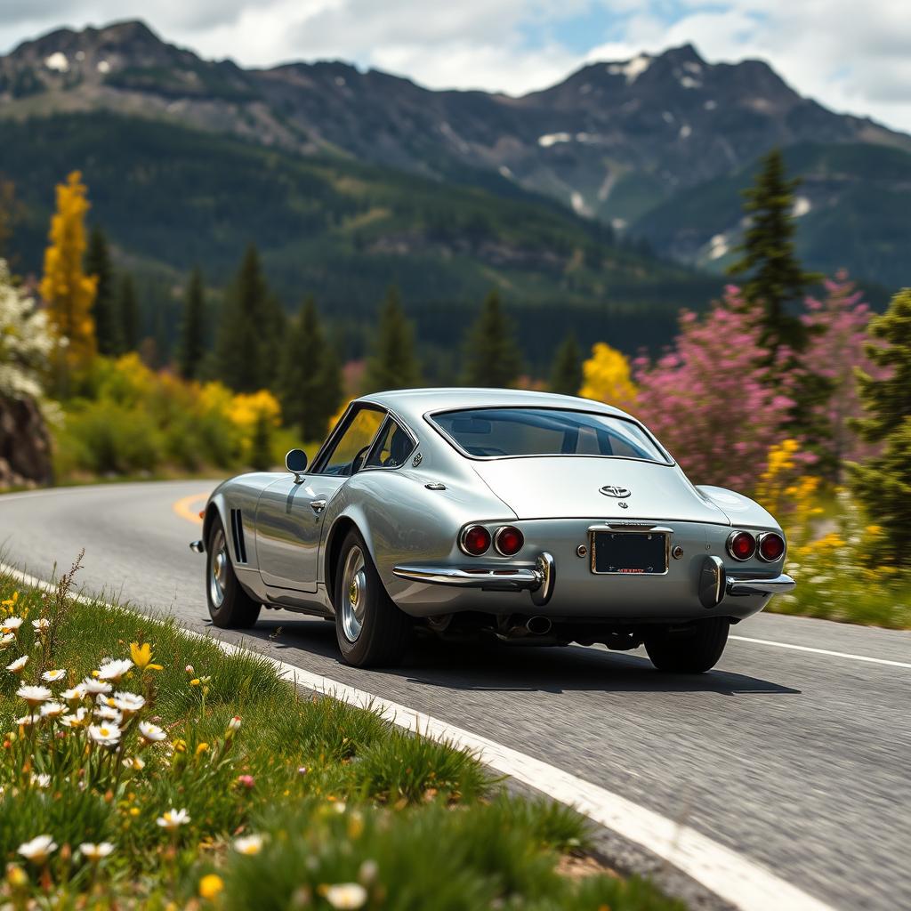 A rear view of a silver 1967 Toyota 2000GT speeding around a sweeping curve in North Cascades National Park during spring