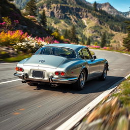 A rear view of a silver 1967 Toyota 2000GT speeding around a sweeping curve in North Cascades National Park during spring