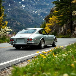 A rear view of a silver 1967 Toyota 2000GT speeding around a sweeping curve in North Cascades National Park during spring