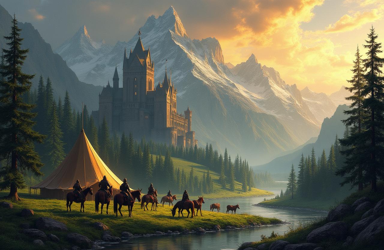 A fantastical landscape reminiscent of Middle-Earth, featuring towering mountains with snow-capped peaks, lush green forests, and a mystical ancient castle in the background