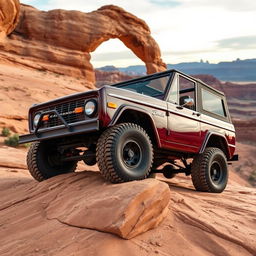 A front quarter view of a 1969 Ford Bronco crawling over slickrock near the famous "Angel Arch" in Canyonlands National Park, Utah