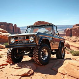 A front quarter view of a 1969 Ford Bronco crawling over slickrock near the famous "Angel Arch" in Canyonlands National Park, Utah