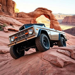 A front quarter view of a 1969 Ford Bronco crawling over slickrock near the famous "Angel Arch" in Canyonlands National Park, Utah