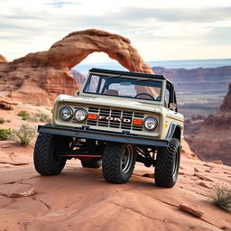 A front quarter view of a 1969 Ford Bronco crawling over slickrock near the famous "Angel Arch" in Canyonlands National Park, Utah