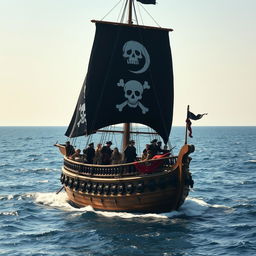 A majestic pirate ship sailing through the open sea, with billowing black sails adorned with a white skull and crossbones