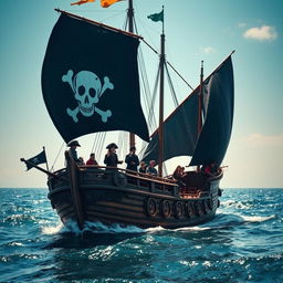 A majestic pirate ship sailing through the open sea, with billowing black sails adorned with a white skull and crossbones