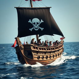 A majestic pirate ship sailing through the open sea, with billowing black sails adorned with a white skull and crossbones