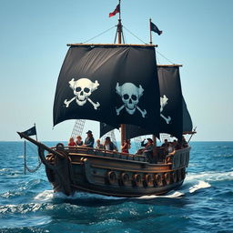 A majestic pirate ship sailing through the open sea, with billowing black sails adorned with a white skull and crossbones