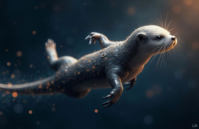 A mechanical otter gracefully swimming through the vastness of space, with sleek metallic features and intricate gears visible