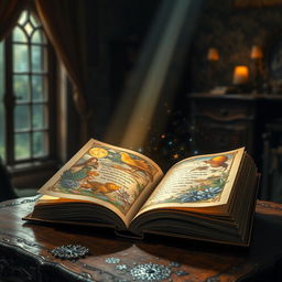 A mesmerizing scene depicting an open book with pages filled with magical illustrations, each page bursting with vibrant colors and intricate designs, making it appear as though the stories are coming to life