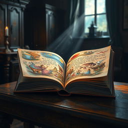 A mesmerizing scene depicting an open book with pages filled with magical illustrations, each page bursting with vibrant colors and intricate designs, making it appear as though the stories are coming to life