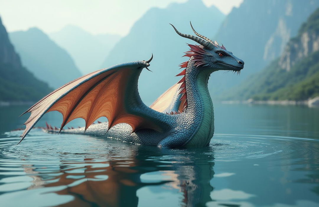 A majestic dragon gracefully swimming through a crystalline lake, surrounded by misty mountains in the background