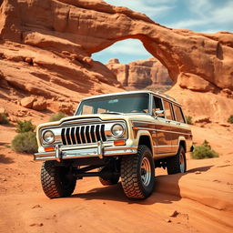 A front quarter view of a 1969 Jeep Wagoneer crawling over slickrock near the famous "Rainbow Arch" at National Monument Utah