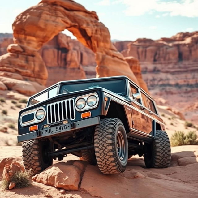 A front quarter view of a 1969 Jeep Wagoneer crawling over slickrock near the famous "Rainbow Arch" at National Monument Utah