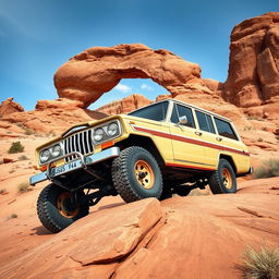 A front quarter view of a 1969 Jeep Wagoneer crawling over slickrock near the famous "Rainbow Arch" at National Monument Utah