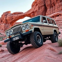 A front quarter view of a 1969 Jeep Wagoneer crawling over slickrock near the famous "Rainbow Arch" at National Monument Utah