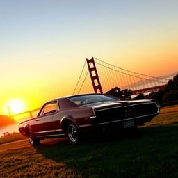 A 1967 Mercury Cougar XR-7 GT set against the backdrop of a breathtaking sunset at Presidio Golden Gate Park, San Francisco