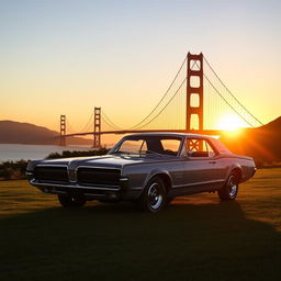 A 1967 Mercury Cougar XR-7 GT set against the backdrop of a breathtaking sunset at Presidio Golden Gate Park, San Francisco