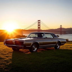 A 1967 Mercury Cougar XR-7 GT set against the backdrop of a breathtaking sunset at Presidio Golden Gate Park, San Francisco