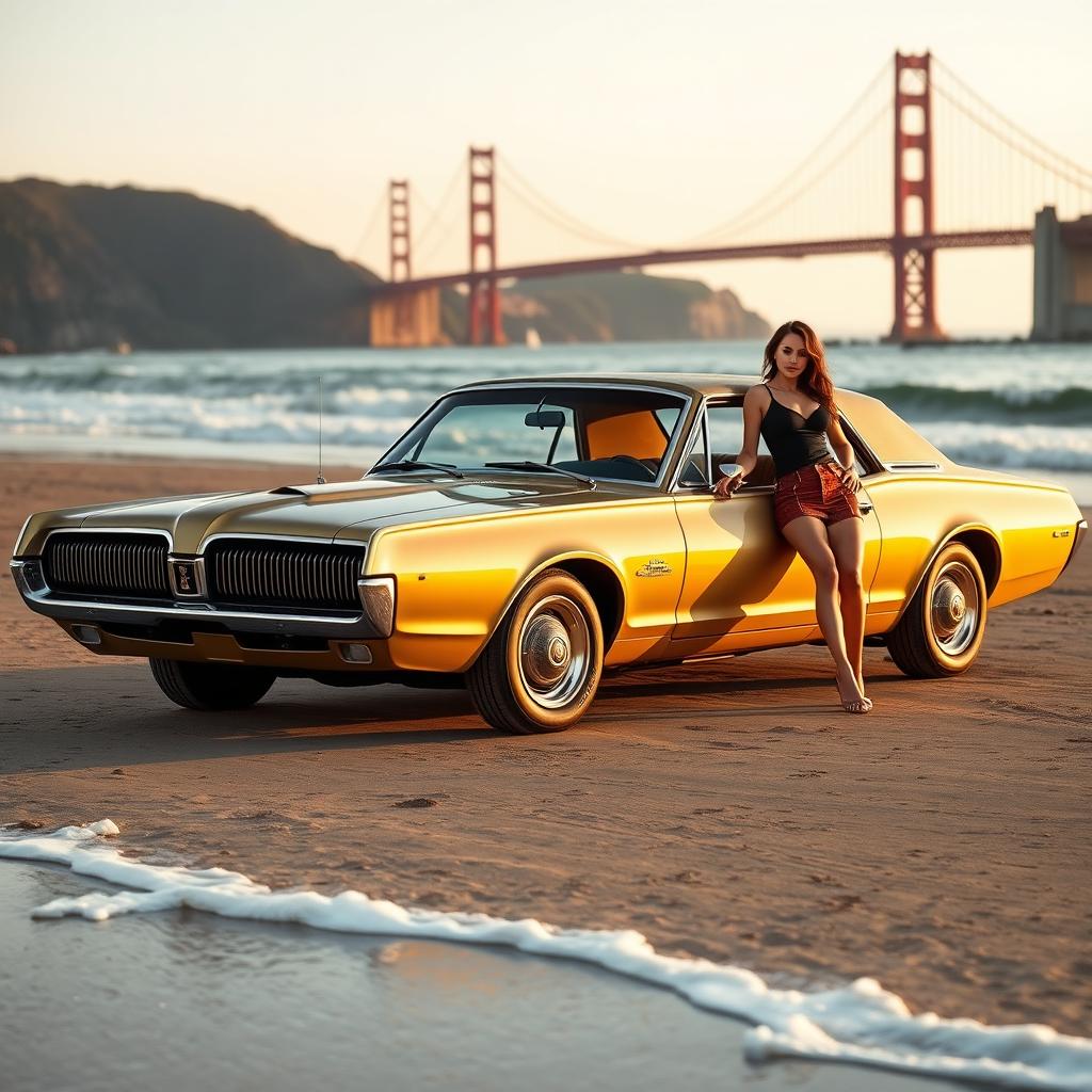 A 1967 Mercury Cougar XR-7 GT parked on a serene beach at Presidio Golden Gate Park, San Francisco, with a stunning brunette leaning gracefully against the car