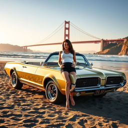 A 1967 Mercury Cougar XR-7 GT parked on a serene beach at Presidio Golden Gate Park, San Francisco, with a stunning brunette leaning gracefully against the car