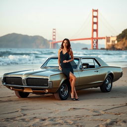 A 1967 Mercury Cougar XR-7 GT parked on a serene beach at Presidio Golden Gate Park, San Francisco, with a stunning brunette leaning gracefully against the car