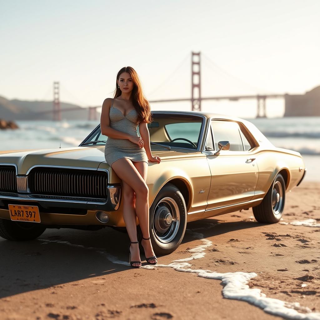 A 1967 Mercury Cougar XR-7 GT parked on a serene beach at Presidio Golden Gate Park, San Francisco, with a stunning brunette leaning gracefully against the car