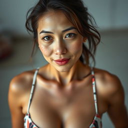 A slender 45-year-old Asian woman with small breasts, showcasing her freckles while wearing a bikini