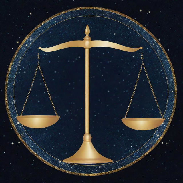 A stylized representation of the Libra zodiac sign, represented by symmetrical balance scales, with a starry cosmic background.