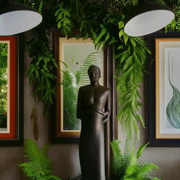 A restaurant interior wall decorated tastefully with numerous elements, including a striking statue. The statue stands out amid framed artworks, mirrors, and enriching green foliage.