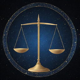 A stylized representation of the Libra zodiac sign, represented by symmetrical balance scales, with a starry cosmic background.