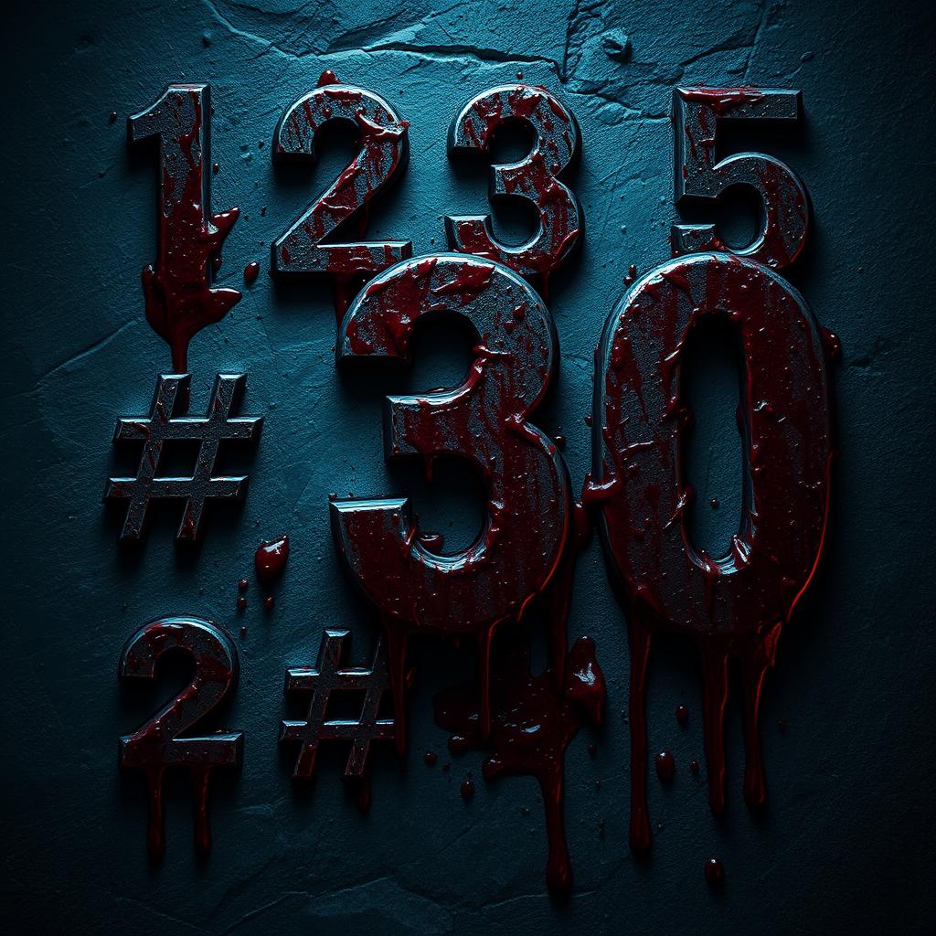 Thrilling and fear-inducing numbers from 1 to 30, each accompanied by a '#', creatively splattered and dripping with dark, menacing blood for an eerie and intense horror game thumbnail