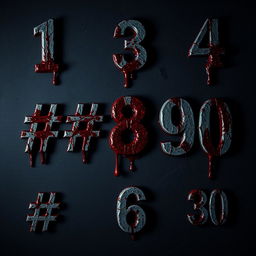 Thrilling and fear-inducing numbers from 1 to 30, each accompanied by a '#', creatively splattered and dripping with dark, menacing blood for an eerie and intense horror game thumbnail