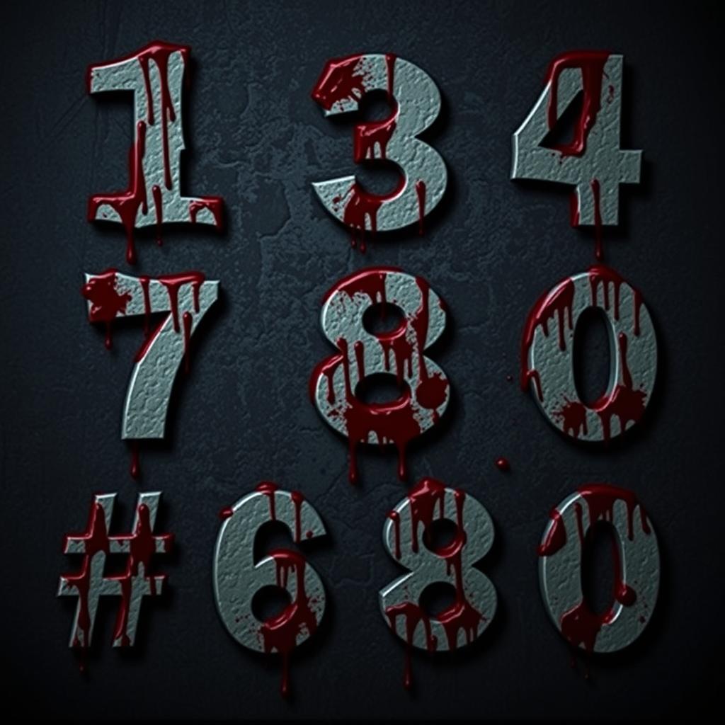 Thrilling and fear-inducing numbers from 1 to 30, each accompanied by a '#', creatively splattered and dripping with dark, menacing blood for an eerie and intense horror game thumbnail