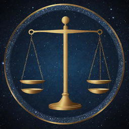 A stylized representation of the Libra zodiac sign, represented by symmetrical balance scales, with a starry cosmic background.