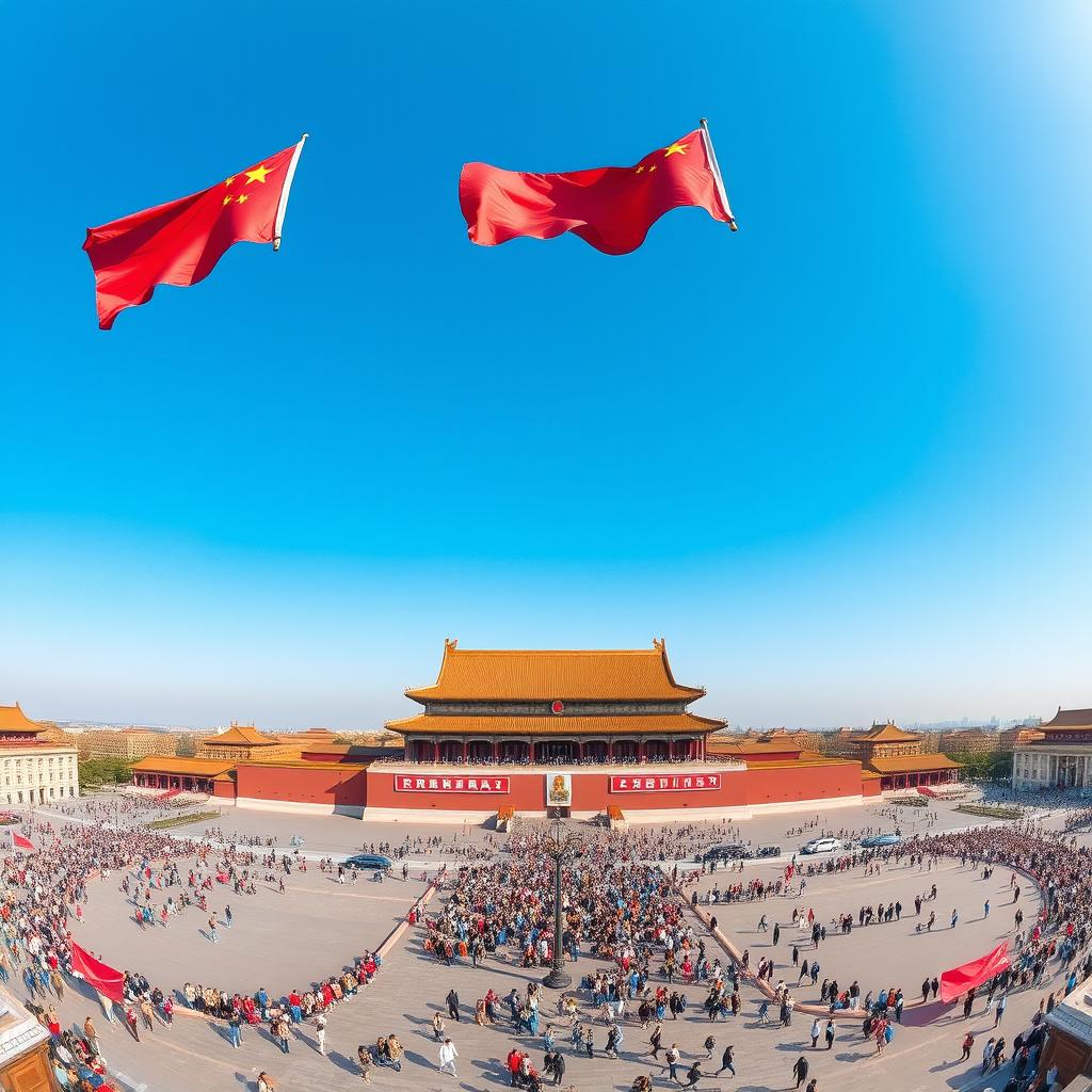 a breathtaking panoramic view of Tiananmen Square in Beijing, featuring the iconic Tiananmen Gate with its rich historical architecture