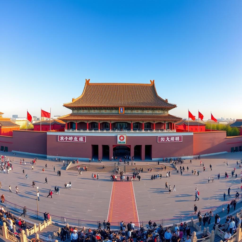 a breathtaking panoramic view of Tiananmen Square in Beijing, featuring the iconic Tiananmen Gate with its rich historical architecture