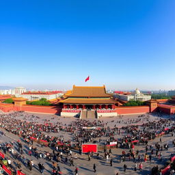 a breathtaking panoramic view of Tiananmen Square in Beijing, featuring the iconic Tiananmen Gate with its rich historical architecture