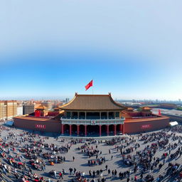 a breathtaking panoramic view of Tiananmen Square in Beijing, featuring the iconic Tiananmen Gate with its rich historical architecture