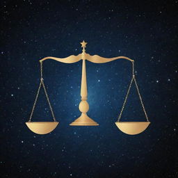 A stylized representation of the Libra zodiac sign, represented by symmetrical balance scales, with a starry cosmic background.