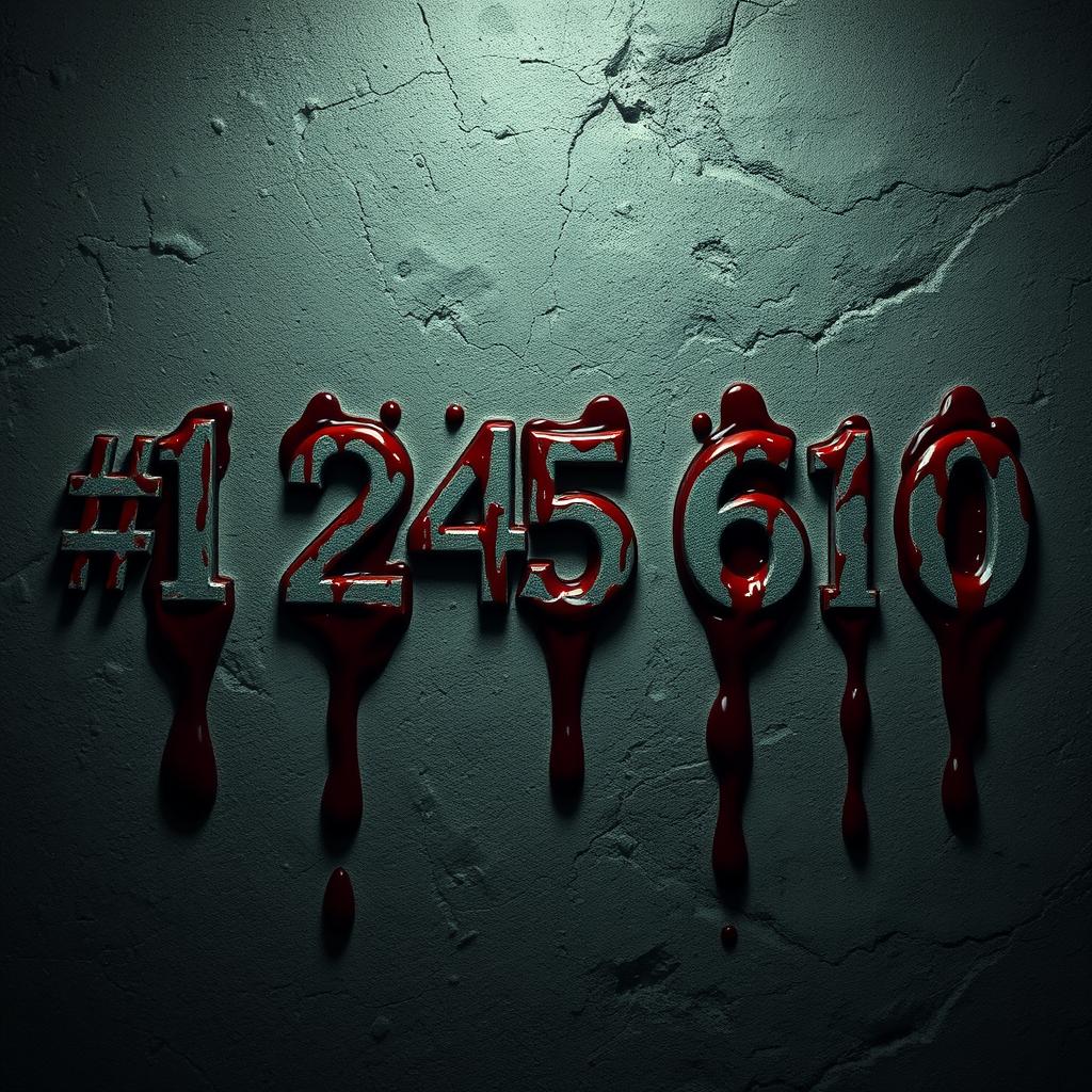 Chilling sequence of numbers from 1 to 10, each prefixed with a '#', arranged side by side in a continuous line, oozing with hauntingly realistic blood