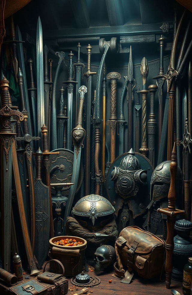 An array of equipment and weapons commonly found in the world of Dungeons and Dragons