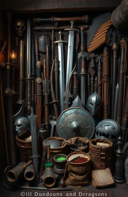 An array of equipment and weapons commonly found in the world of Dungeons and Dragons